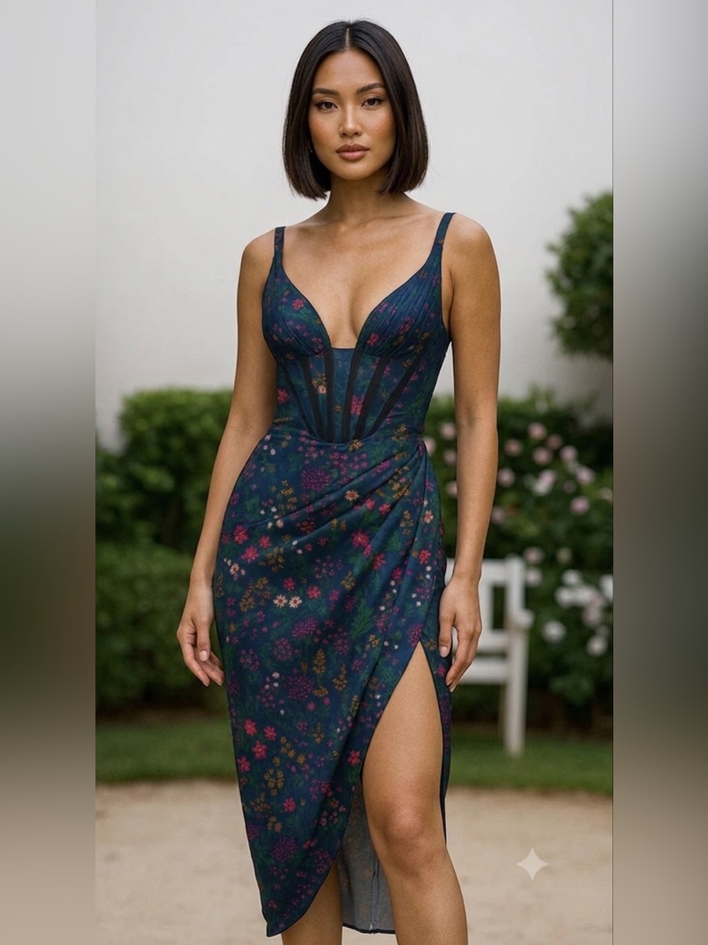 Whisper Nessa Midi Dress Ocean Navy Blue Floral Corset Satin Wrap Medium NWT